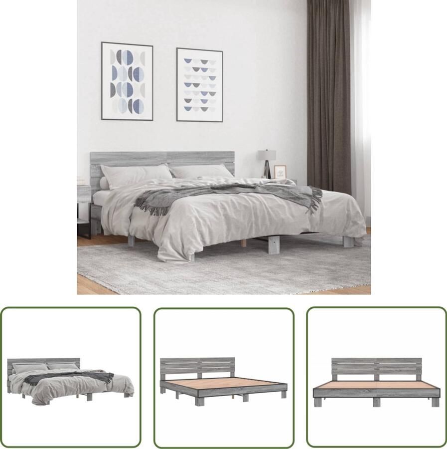 VidaXL Bedframe bewerkt hout metaal grijs sonoma eiken 180x200 cm Bed Frame Houten Bed Slaapcomfort Design Bed Tweepersoonsbed
