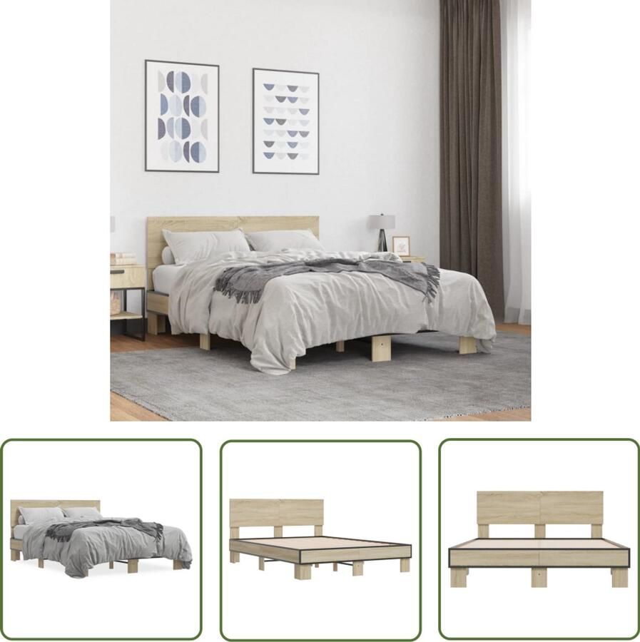 VidaXL Bedframe bewerkt hout metaal sonoma eikenkleurig 120x190 cm Bed Frame Houten Bed Sonom Eiken Tweepersoons Bed Slaapcomfort