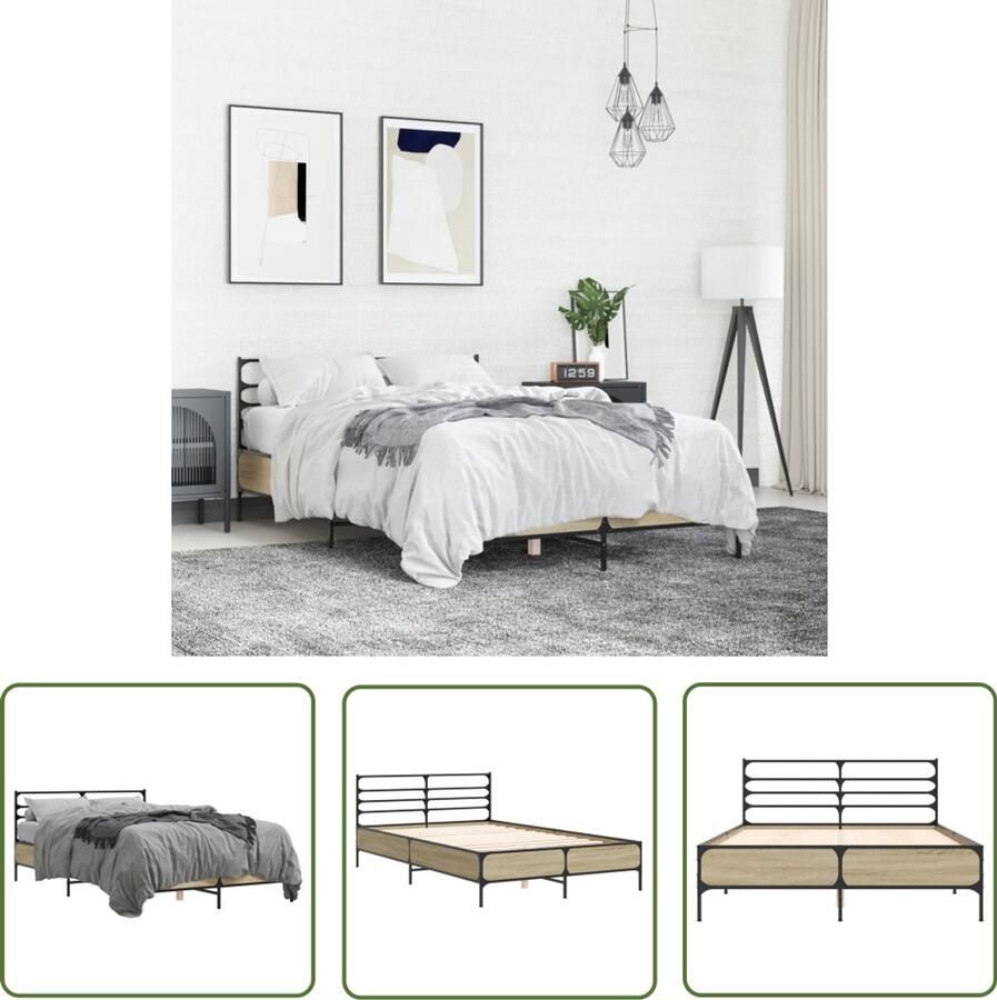 VidaXL Bedframe bewerkt hout metaal sonoma eikenkleurig 120x190 cm Bed Frame Houten Bed Sonomane Eiken Kleur Tweepersoons Bed 120x190