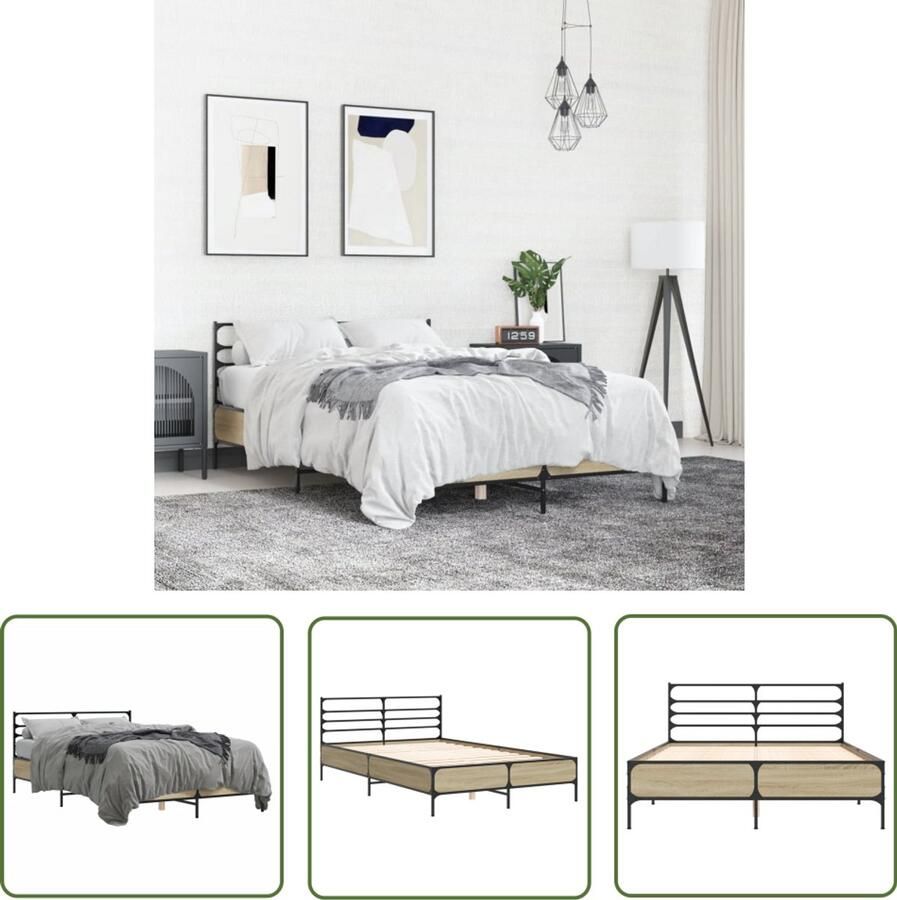 VidaXL Bedframe bewerkt hout metaal sonoma eikenkleurig 135x190 cm Bed Frame Houten Bed Sonomane Eiken Tweepersoonsbed 135x190 Cm
