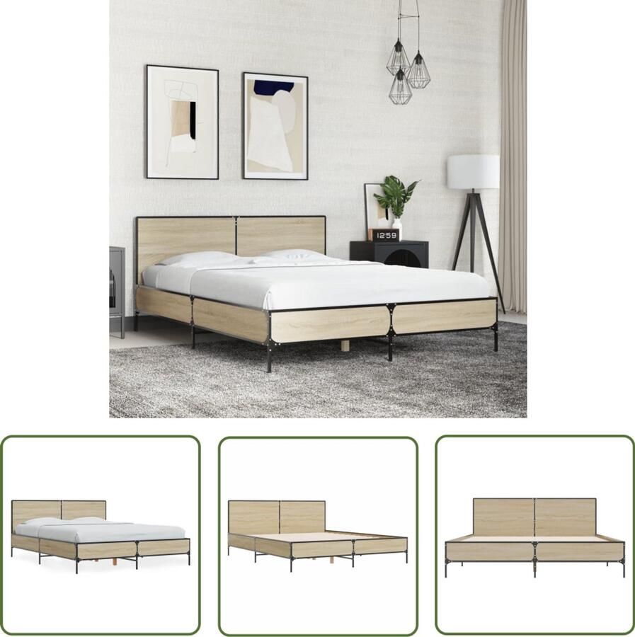 VidaXL Bedframe bewerkt hout metaal sonoma eikenkleurig 140x200 cm Bed Frame Houten Bed Sonoma Eiken Tweepersoonsbed Boxspring Bed