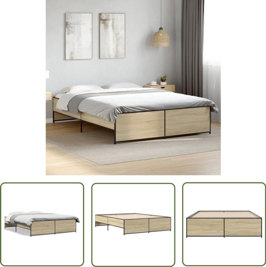VidaXL Bedframe bewerkt hout metaal sonoma eikenkleurig 150x200 cm Bed Frame Houten Bed Sonoma Eiken Tweepersoonsbed Bed 150x200