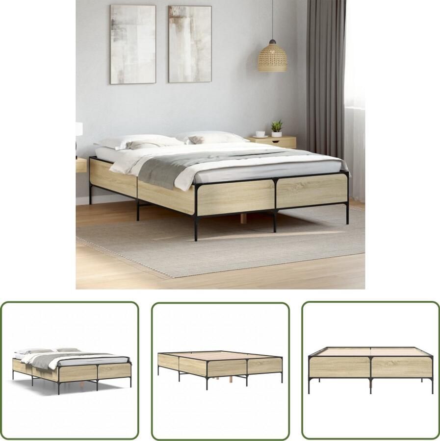 VidaXL Bedframe bewerkt hout metaal sonoma eikenkleurig 160x200 cm Bed Frame Houten Bed Sonoma Eiken Bed Tweepersoons Bed Slaapcomfort