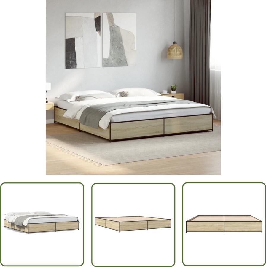 VidaXL Bedframe bewerkt hout metaal sonoma eikenkleurig 180x200 cm Bed Frame Houten Bed Bruine Bed Tweepersoons Bed Boxspring Bed