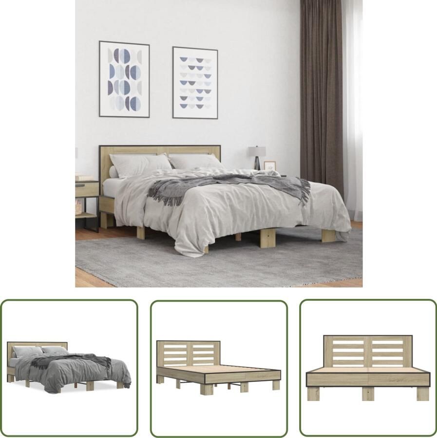 VidaXL Bedframe bewerkt hout metaal sonoma eikenkleurig 90x190 cm Bed Frame Houten Bed Sonomane Eiken Bed Tweepersoonsbed Slaapkamermeubilair
