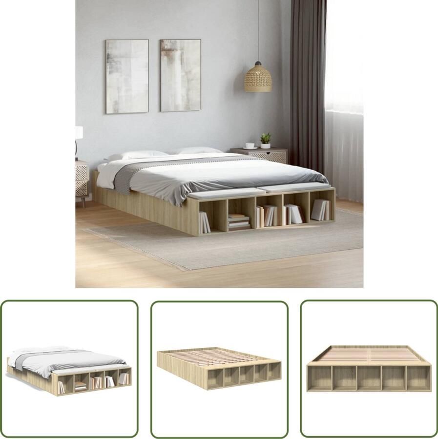 VidaXL Bedframe bewerkt hout sonoma eikenkleurig 135x190 cm Bed Frame Houten Bed Sonoma Eiken Bed 135x190 Slaapkamers