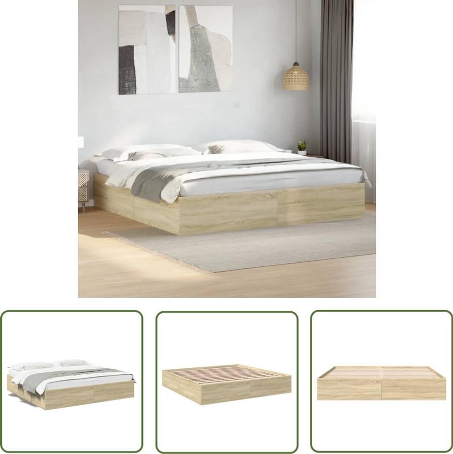 VidaXL Bedframe bewerkt hout sonoma eikenkleurig 200x200 cm Bed Frame Houten Bed Sonom Eiken Tweepersoonsbed Slaapcomfort