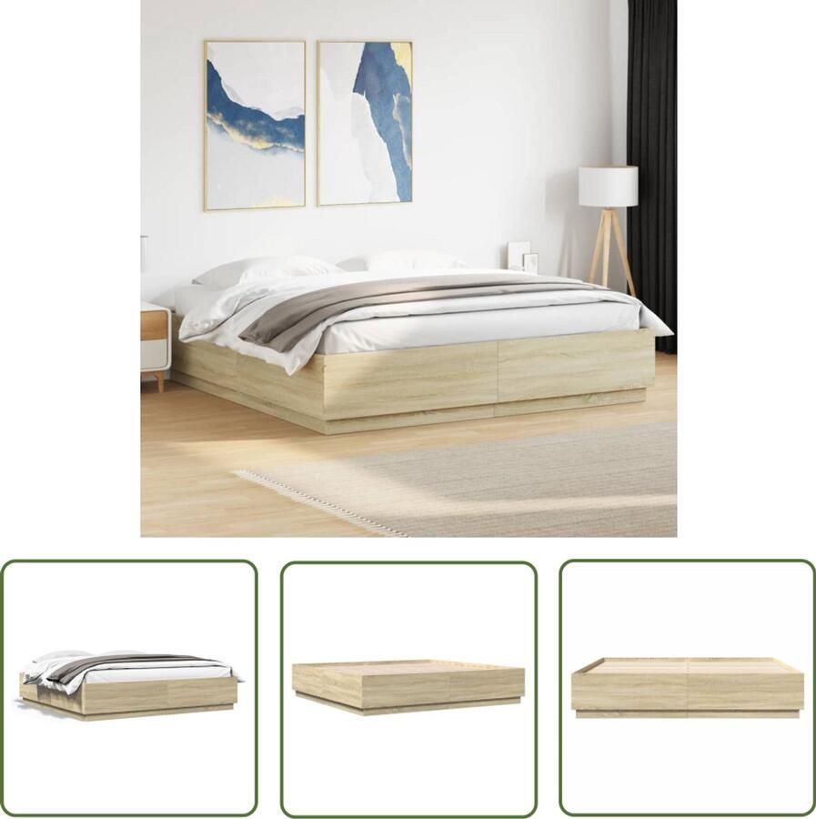 VidaXL Bedframe bewerkt hout sonoma eikenkleurig 200x200 cm Bed Frame Houten Bed Sonoma Eiken Tweepersoonsbed Groot Bed