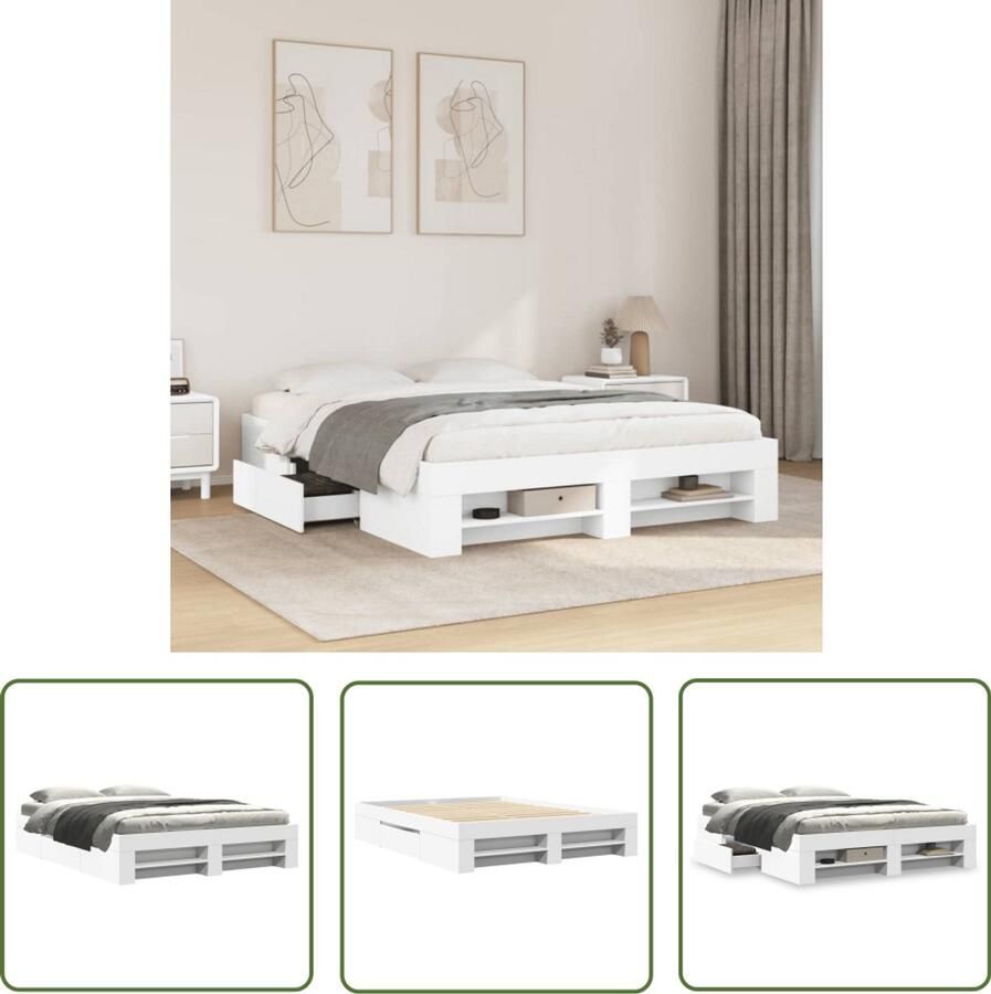 VidaXL Bedframe bewerkt hout wit 150x200 cm Bed Frame Houten Bed Tweepersoonsbed Boxspring Hoofdbord