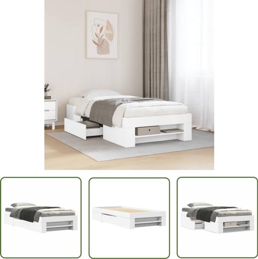 VidaXL Bedframe bewerkt hout wit 90x200 cm Bed Frame Houten Bed Bedkast Tweepersoonsbed Slaapkamers