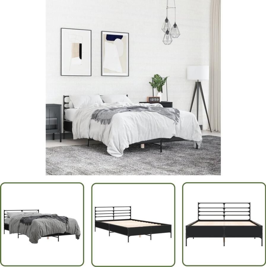 VidaXL Bedframe LED bewerkt hout metaal zwart 140x190 cm Bed Frame Houten Bed Led Bed Tweepersoonsbed Slaapcomfort