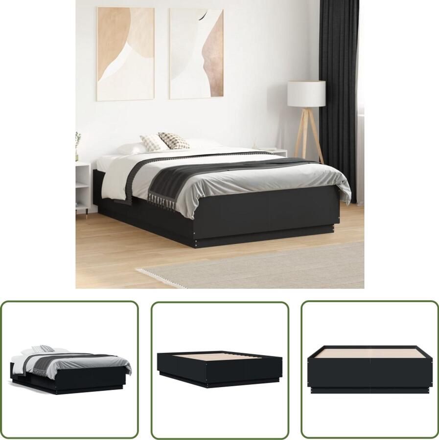 VidaXL Bedframe LED massief hout zwart 140x190 cm Bed Frame Houten Bed Led Bed Tweepersoonsbed Black Bed