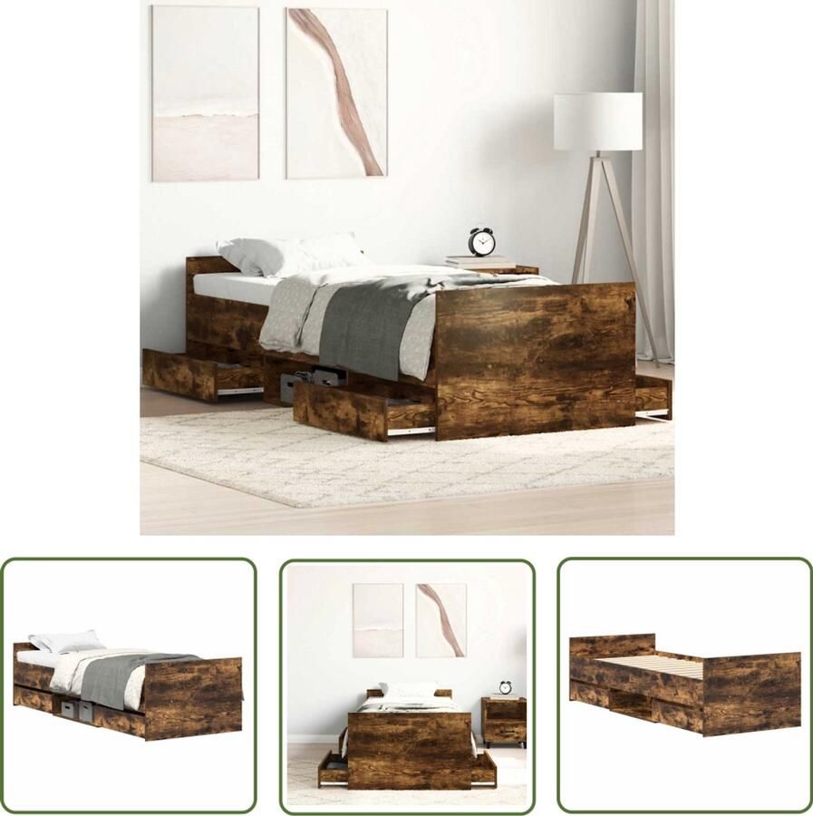 The Living Store Bedframe Gerookt eiken Logeerbed met 4 lades Stevige lattenbodem 193 x 78 x 50 cm Montage vereist Bed Frame Houten Bed Gerookte Eiken Meubels Tweepersoonsbed Boxspring Bed