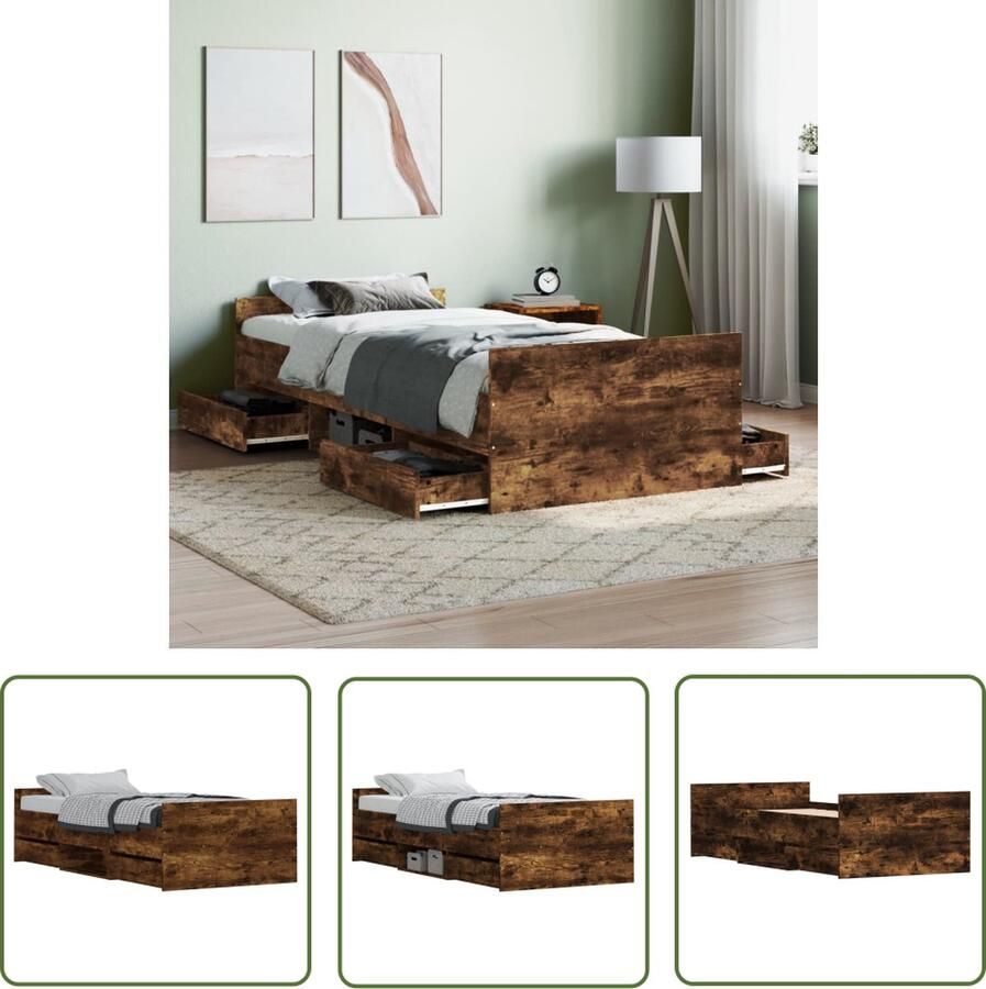 The Living Store Bedframe met hoofd- en voeteneinde gerookt eiken 90x200 cm Bed Frame Houten Bed Bruine Bedbank Tweepersoonsbed Slaapcomfort