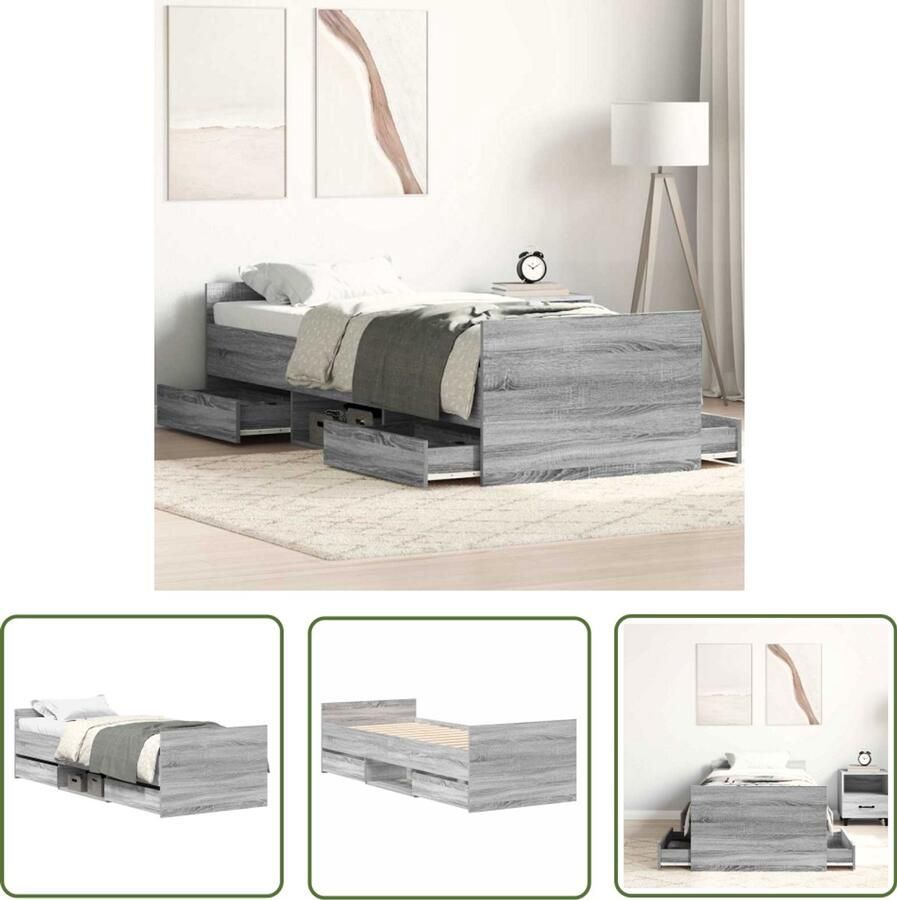 The Living Store Bedframe Afmetingen- 203 x 93 x 50 cm Kleur- Grijs Sonoma Eiken Materiaal- Bewerkt hout en massief grenenhout Ken- Met lades en opbergruimte Montage vereist