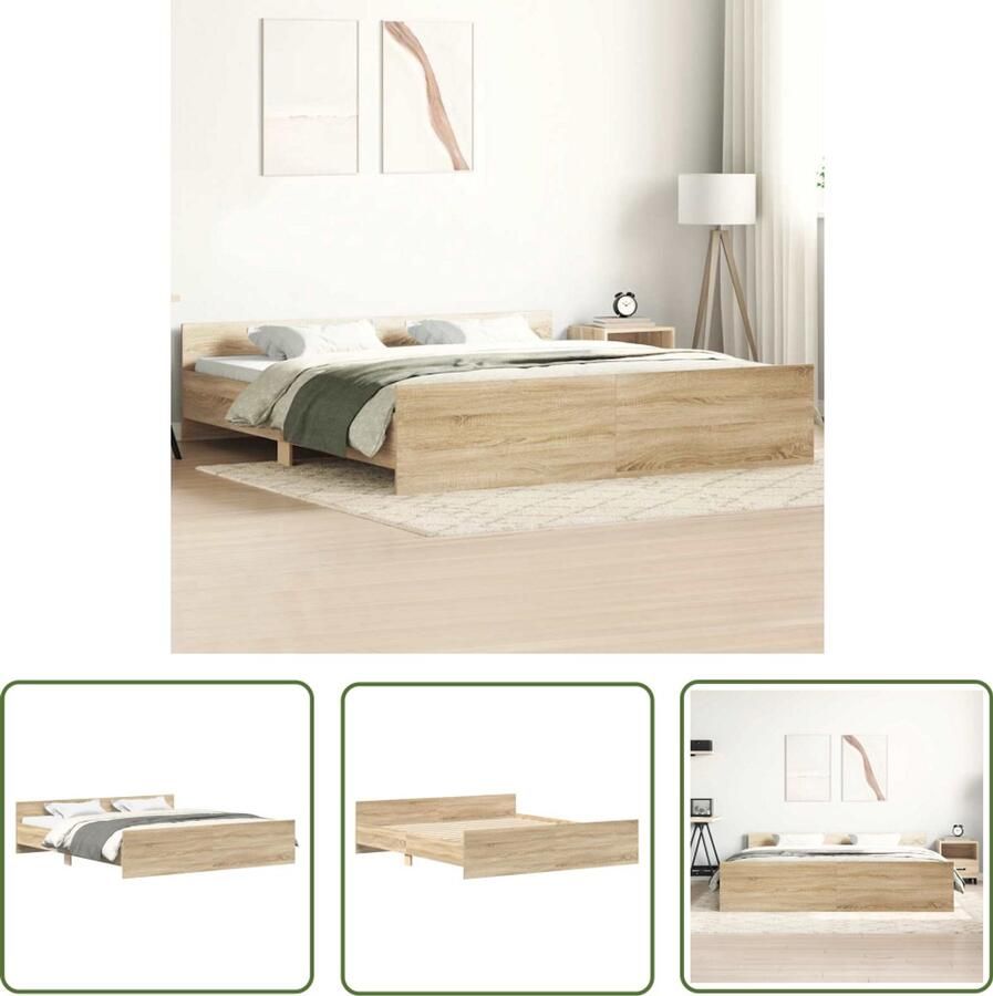 The Living Store Bedframe Sonoma Eiken 203x183x50cm Duurzaam Hout Functioneel hoofd- en voeteneinde Stevige lattenbodem Bed Frame Houten Bed Sonomahout Tweepersoonsbed Boxspring Bed