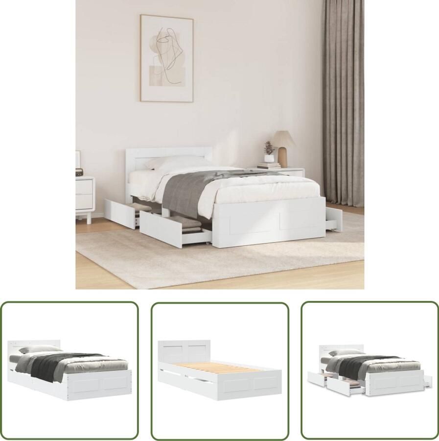 VidaXL Bedframe met hoofdbord bewerkt hout wit 75x190 cm Bed Frame Houten Bed Tweepersoonsbed Boxspring Hoofdbord