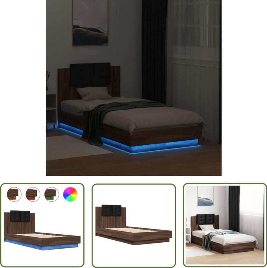 VidaXL Bedframe met hoofdbord en LED bruin eikenkleur 75x190 cm Bed Frame Houten Bed Led Bed Bruin Bed Tweepersoonsbed