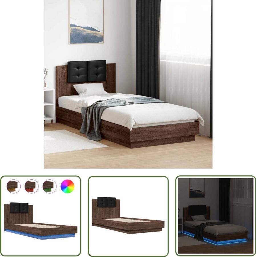 VidaXL Bedframe met hoofdbord en LED bruin eikenkleurig 100x200 cm Bed Frame Houten Bed Led Bed Bruin Bed Tweepersoonsbed