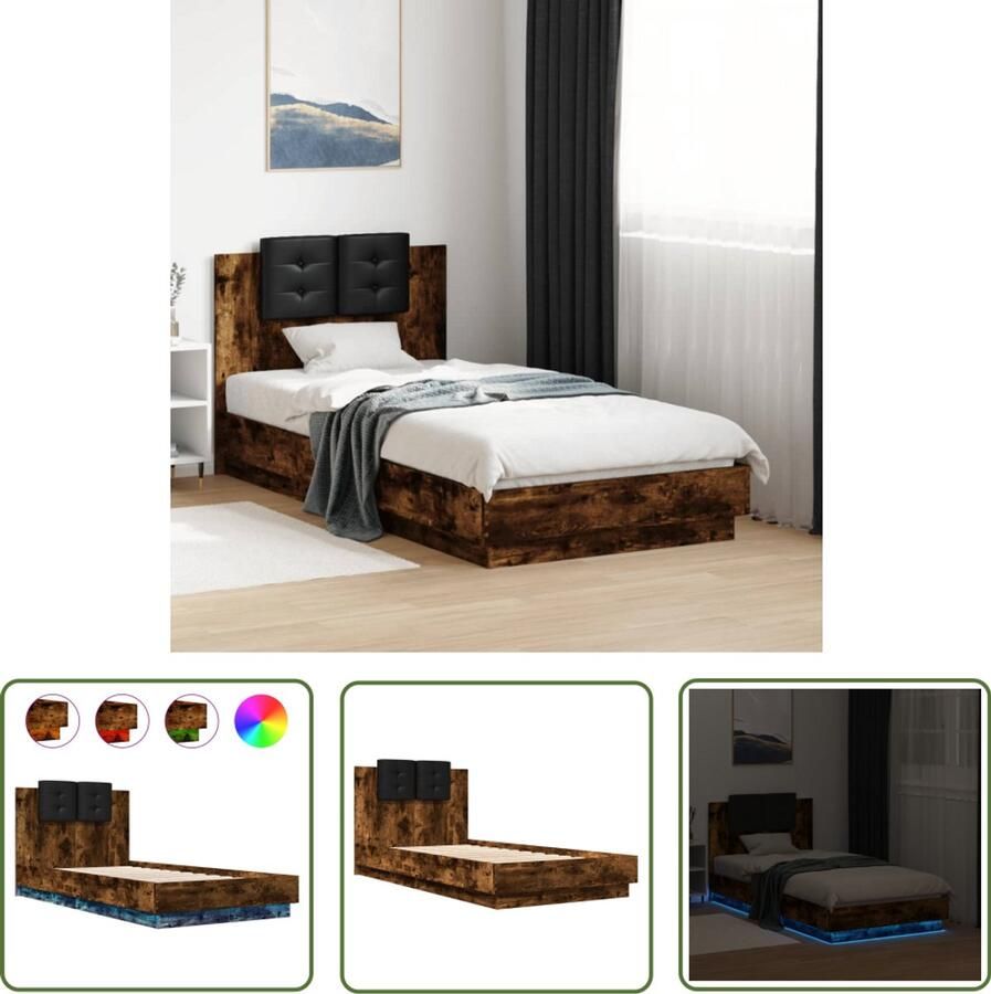 VidaXL Bedframe met hoofdbord en LED gerookt eikenkleurig 75x190 cm Bed Frame Houten Bed Led Bed Bruine Bed Tweepersoonsbed