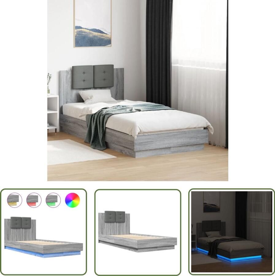 VidaXL Bedframe met hoofdbord en LED grijs sonoma eikenkleur 90x190 cm Bed Frame Houten Bed Led Bed Slaapcomfort Bedroom Furniture