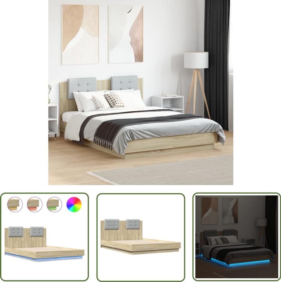 VidaXL Bedframe met hoofdbord en LED sonoma eikenkleurig 135x190 cm Bed Frame Houten Bed Led Bed Sonomapine Bed Tweepersoonsbed