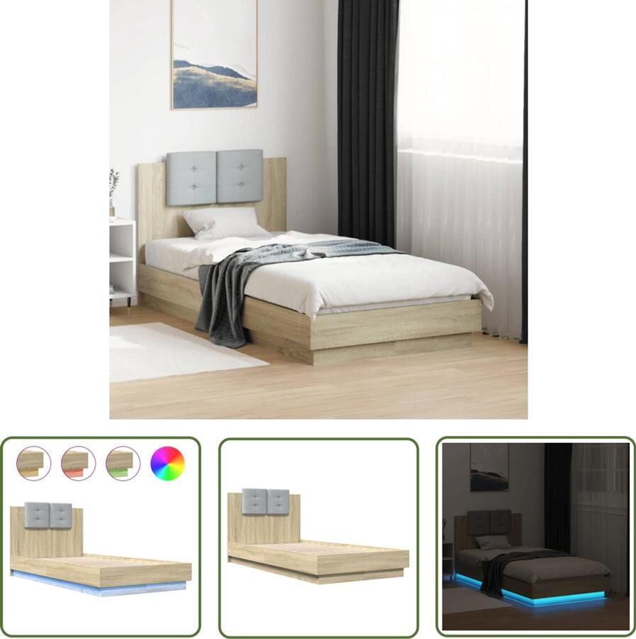 VidaXL Bedframe met hoofdbord en LED sonoma eikenkleurig 75x190 cm Bed Frame Houten Bed Led Bed Sonoma Eiken Tweepersoonsbed