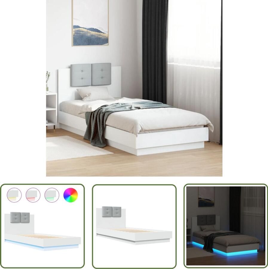 VidaXL Bedframe met hoofdbord en LED-verlichting wit 100x200 cm Bed Frame Houten Bed Led Bed Slaapcomfort Hoofdbord