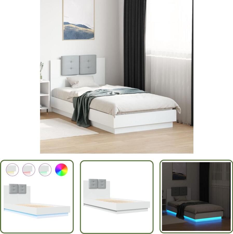 VidaXL Bedframe met hoofdbord en LED-verlichting wit 75x190 cm Bed Frame Houten Bed Led Bed Slaapcomfort Hoofdbord