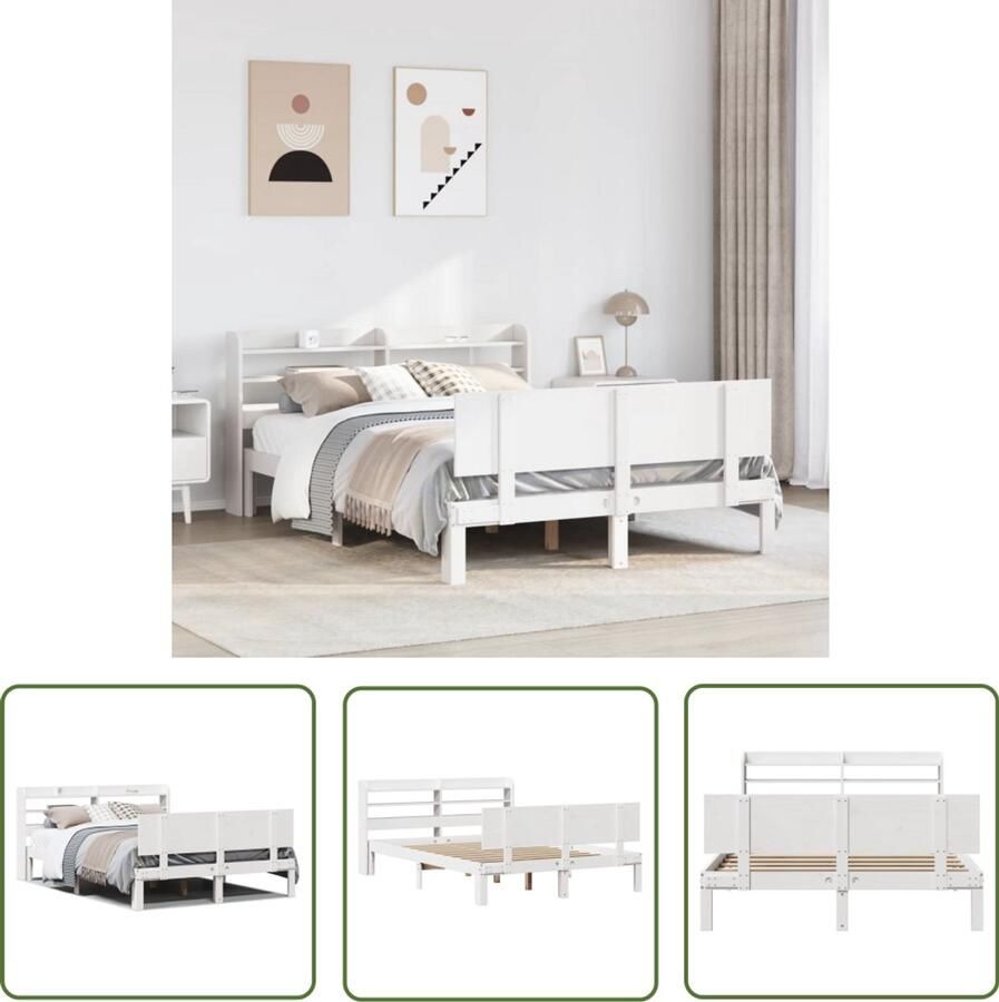 VidaXL Houten Bed Frame Bedframe met hoofdbord massief grenenhout wit 135x190 cm Bed Met Hoofdbord Grenen Hout Slaapkamers