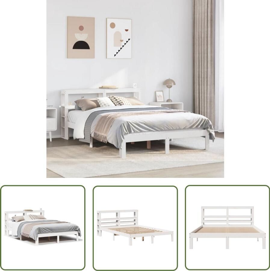 VidaXL Houten Bed Frame Bedframe met hoofdbord massief grenenhout wit 135x190 cm Bed Met Opbergvakken Grenen Hout King Size Bed