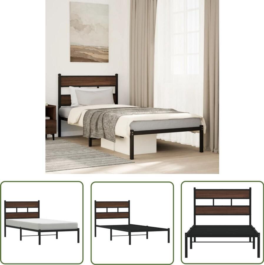 VidaXL Houten Bed Frame Bedframe met hoofdbord zonder matras bruin eiken 100x200 cm Bed Met Hoofdbord Slaapkamers Bedroom Furniture