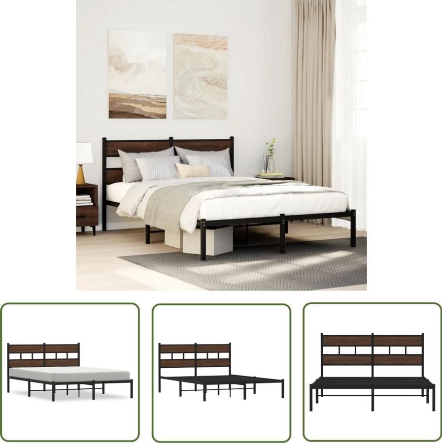 VidaXL Houten Bed Frame Bedframe met hoofdbord zonder matras bruin eiken 137x190 cm Bed Met Hoofdbord Slaapkamers Boxspring