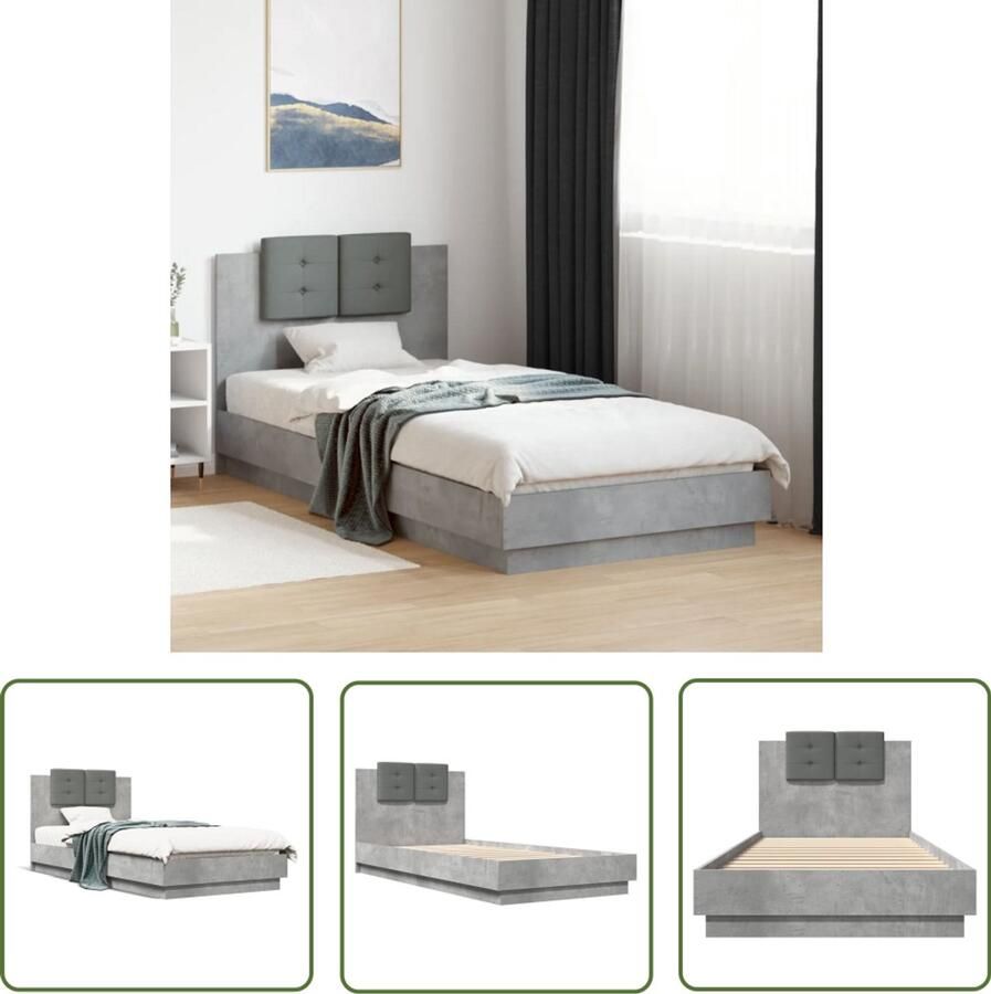 VidaXL Bedframe met hoofdeinde bewerkt hout betongrijs 100x200 cm Bed Frame Houten Bed Tweepersoonsbed Beton Grijs Hoofdeinde Bed