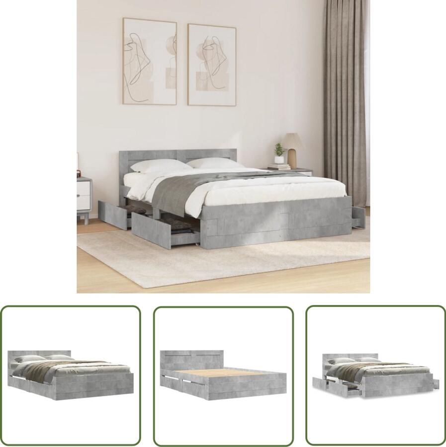 VidaXL Bedframe met hoofdeinde bewerkt hout betongrijs 140x190 cm Bed Frame Houten Bed Betonnen Grijs Tweepersoonsbed Boxspring