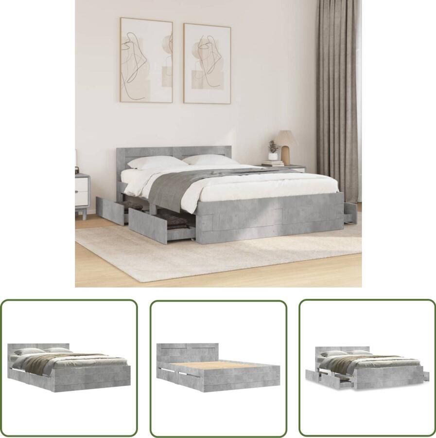 VidaXL Bedframe met hoofdeinde bewerkt hout betongrijs 140x200 cm Bed Frame Houten Bed Betonnen Grijs Bed Boxspring Slaapcomfort