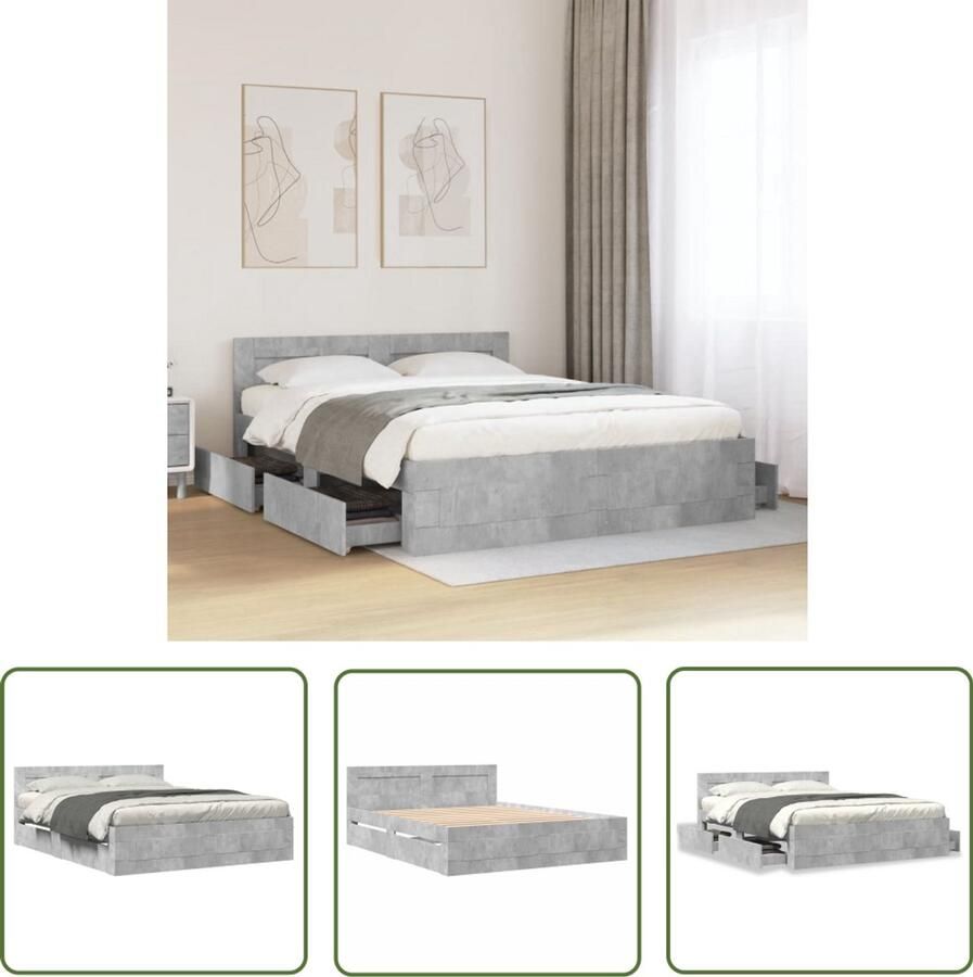VidaXL Bedframe met hoofdeinde bewerkt hout betongrijs 150x200 cm Bed Frame Houten Bed Beton Grijs Bed Tweepersoons Bed Boxspring Bed