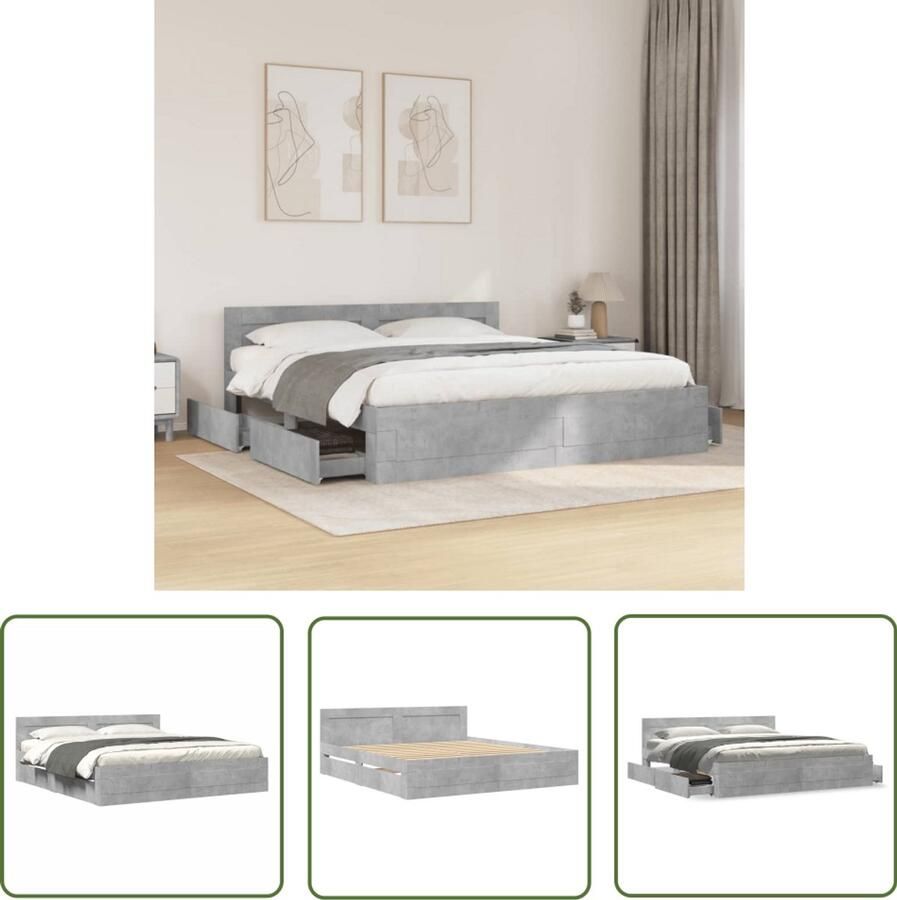 VidaXL Bedframe met hoofdeinde bewerkt hout betongrijs 180x200 cm Bed Frame Houten Bed Betonnen Grijs Bed Slaapkamers Hoofdbord