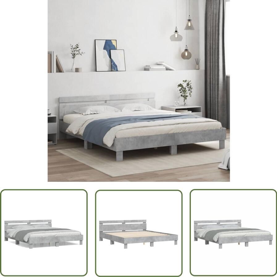 VidaXL Bedframe met hoofdeinde bewerkt hout betongrijs 180x200 cm Bed Frame Houten Bed Grijs Bed Tweepersoonsbed King Size Bed