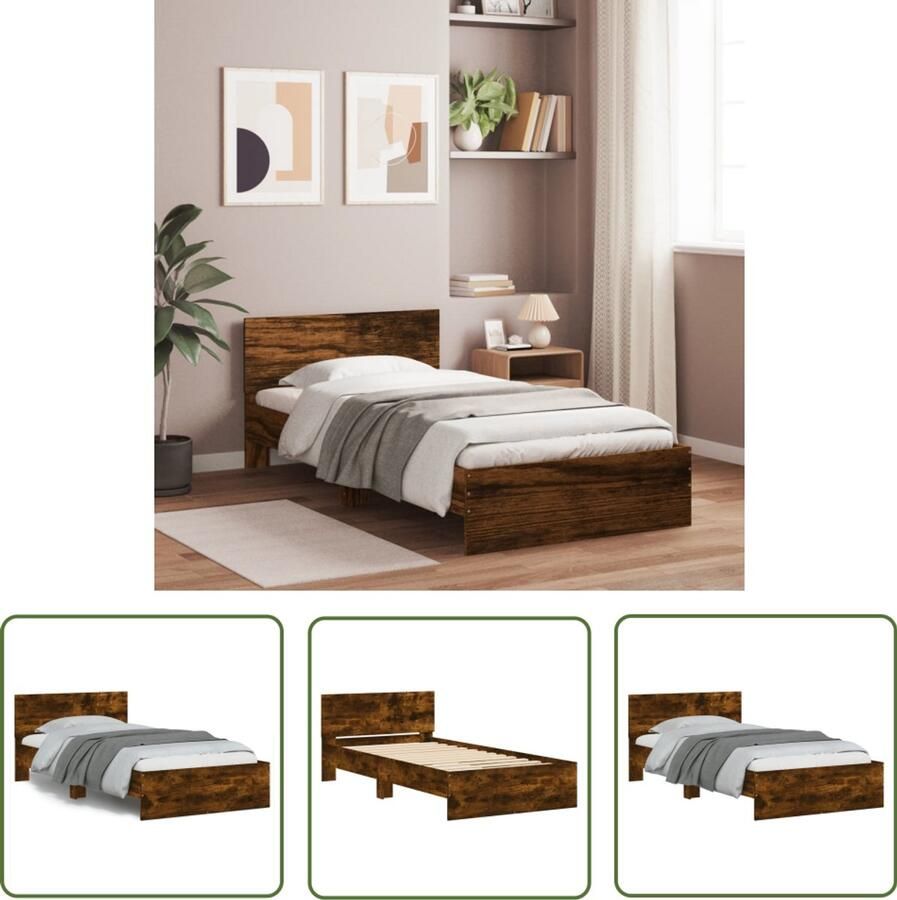 VidaXL Bedframe met hoofdeinde bewerkt hout gerookt eiken 100x200 cm Bed Frame Houten Bed Bruine Bed Tweepersoons Bed King Size Bed