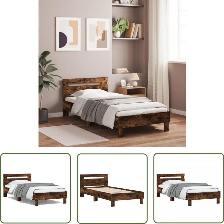 VidaXL Bedframe met hoofdeinde bewerkt hout gerookt eiken 100x200 cm Bed Frame Houten Bed Bruine Bed Tweepersoonsbed Boxspring Bed