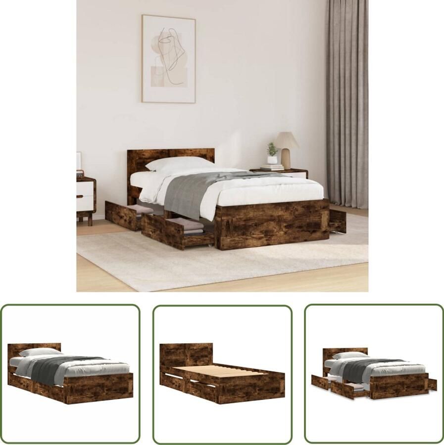VidaXL Bedframe met hoofdeinde bewerkt hout gerookt eiken 100x200 cm Bed Frame Houten Bed Slaap Kamer Boxspring King Size Bed