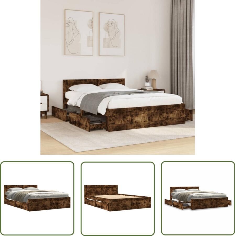 VidaXL Houten Bed Frame Bedframe met hoofdeinde bewerkt hout gerookt eiken 120x200 cm Bed Met Lades Slaapkamers Bedroom Furniture