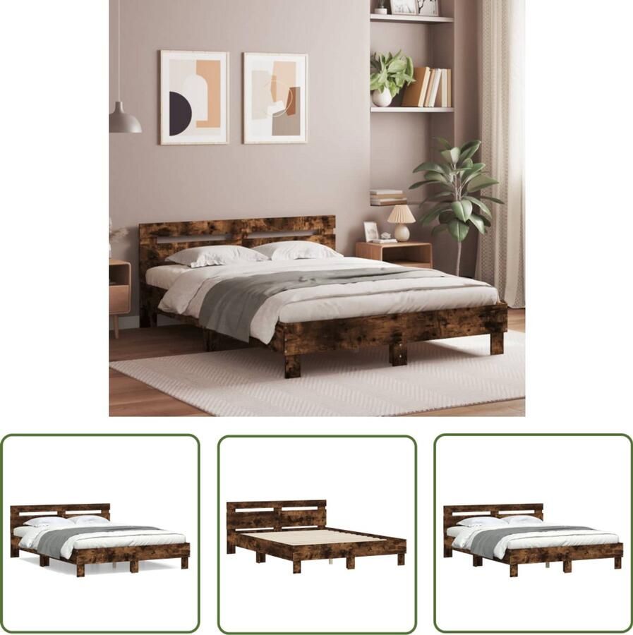 VidaXL Bedframe met hoofdeinde bewerkt hout gerookt eiken 150x200 cm Bed Frame Houten Bed Bruine Bed Tweepersoonsbed Slaapcomfort