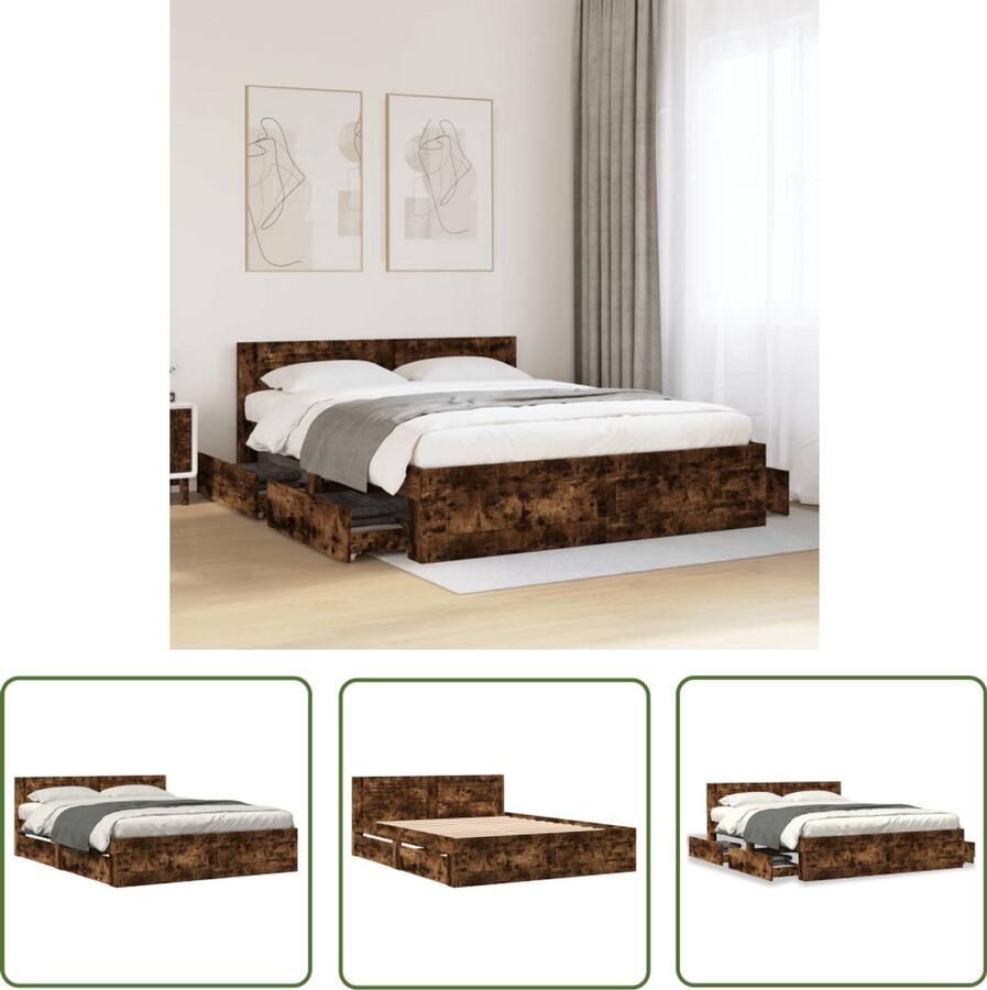 VidaXL Bedframe met hoofdeinde bewerkt hout gerookt eiken 160x200 cm Bed Frame Houten Bed Met Lades Slaapkamers Bedroom Furniture
