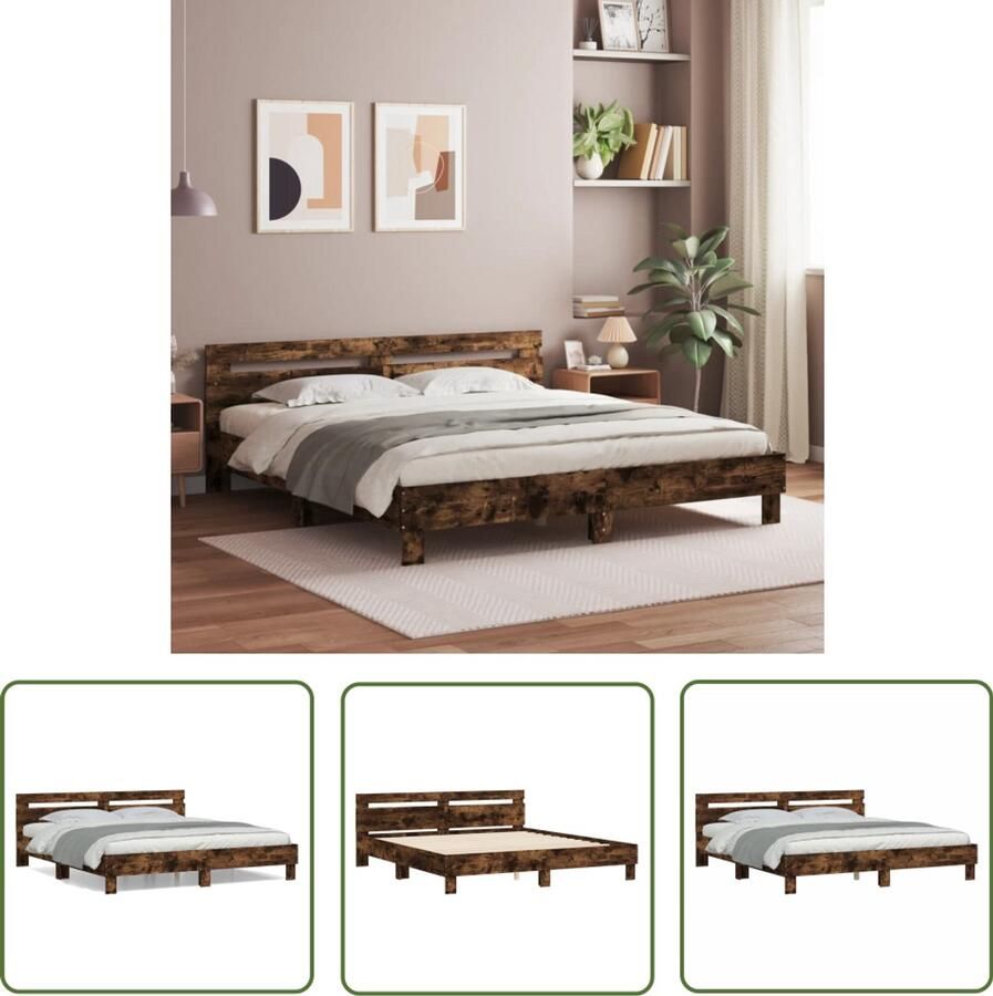 VidaXL Bedframe met hoofdeinde bewerkt hout gerookt eiken 160x200 cm Bed Frame Houten Bed Bruine Bed Tweepersoons Bed King Size Bed