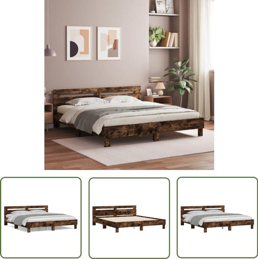 VidaXL Bedframe met hoofdeinde bewerkt hout gerookt eiken 180x200 cm Bed Frame Houten Bed Bruine Bed King Size Bed Boxspring Bed