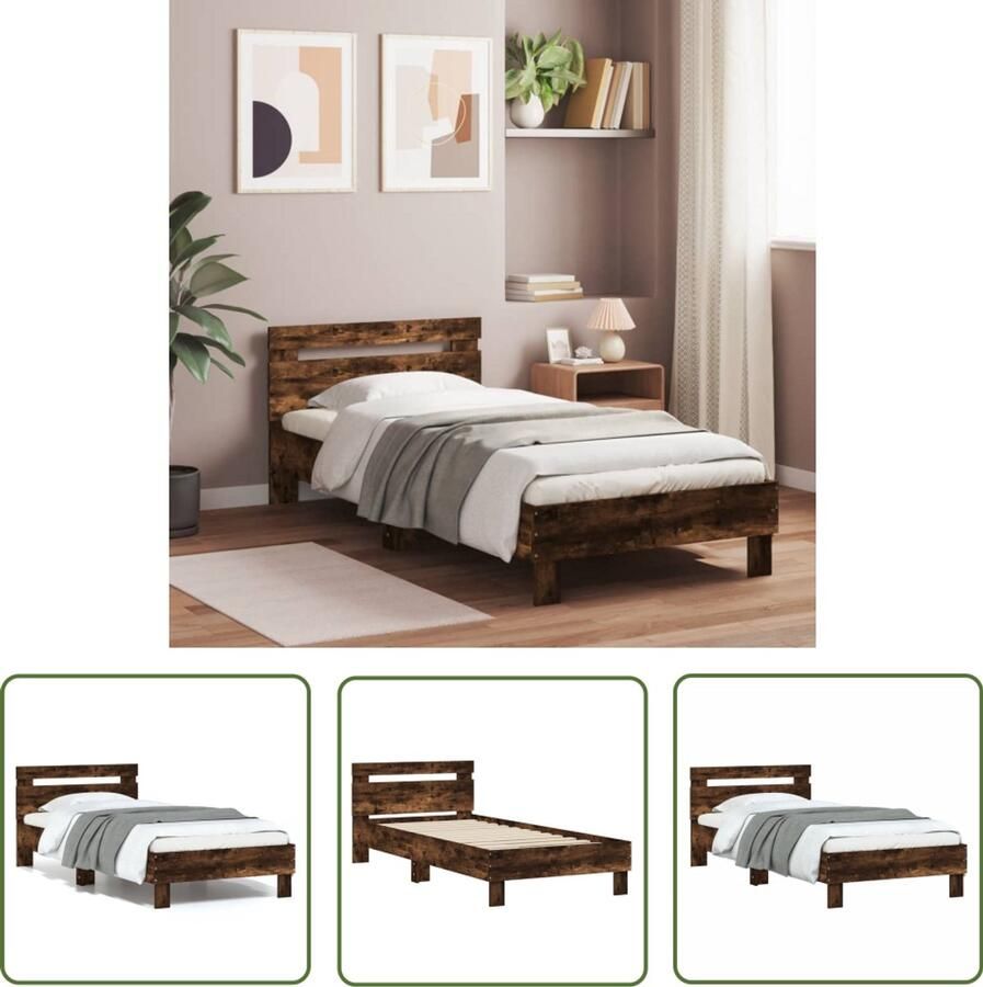 VidaXL Bedframe met hoofdeinde bewerkt hout gerookt eiken 90x200 cm Bed Frame Houten Bed Bruine Bed King Size Bed Tweepersoonsbed