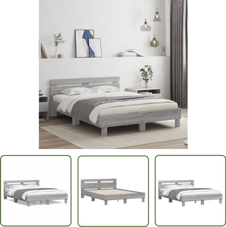 VidaXL Bedframe met hoofdeinde bewerkt hout grijs sonoma 140x190 cm Bed Frame Houten Bed Grijs Bed Sonoma Eiken Bed Tweepersoons Bed