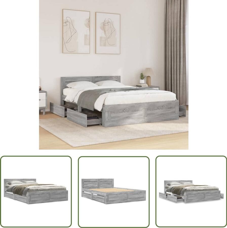 VidaXL Houten Bed Frame Bedframe met hoofdeinde bewerkt hout grijs sonoma 140x200 cm Bed Met Lades Slaapkamersdecoratie Design Bed